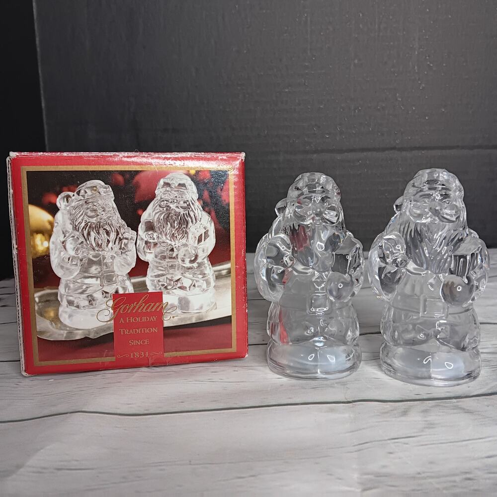Vintage Gorham Holiday Heavy Clear Glass Santa Salt & Pepper Shakers Germany